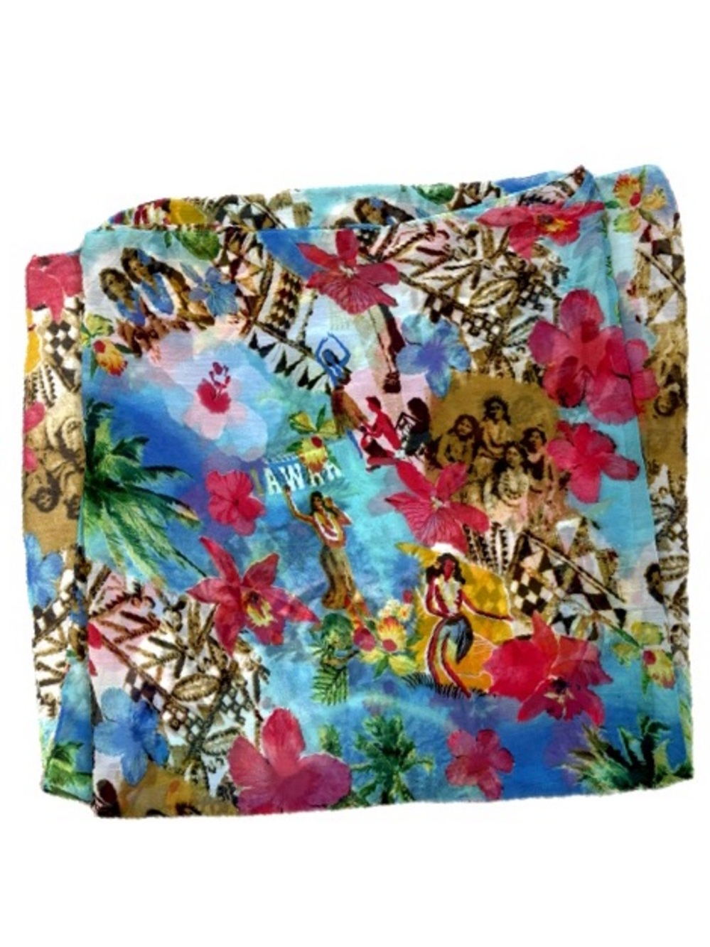 Hawaiian Vintage Postcard Motif Print Chiffon Scarf Aloha Hula Girls Wrap Sarong